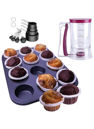 MOTIM Set of 4 Kitchen Baking Tools Set - 12 Cavity Non-Stick Muffin Tray, Batter Dispenser, Measuring Cups and Spoons Set