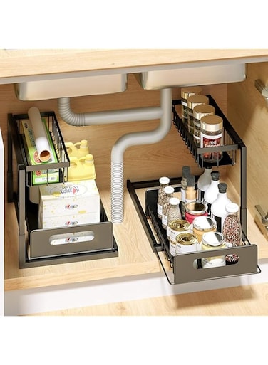 LOVE LOVE BELOVED Under Sink Organizer and Storage, 2 Tier Slide Out Cabinet Basket Organizer, Sturdy Metal Under Counter Storage Organizer for Bathroom Kitchen, Black, 1 Pack