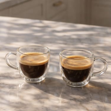 BLACKSTONE Double Wall Demitasse Glass Cups Set of 2, 100 ML Clear Espresso Coffee Cups with Handle for Hot and Cold Drinks, DH902
