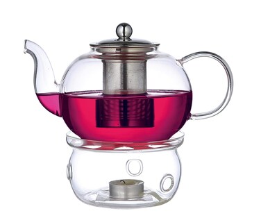 BLACKSTONE Double Wall Glass Teapot Set 1L with Stainless Steel Infuser & Glass Warmer Stand Clear Arabic Tea Pot with Lid for Loose Leaf, Herbal & Blooming Tea, TP213 (TEAPOT SET WITH WARMER)