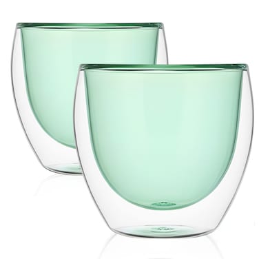 BLACKSTONE Double Wall Glass Coffee Mugs 250ML Hot & Cold Borosilicate Insulated Glasses for Home, Cafe & Restaurant, DG824 (GREEN, 2 PIECE SET)