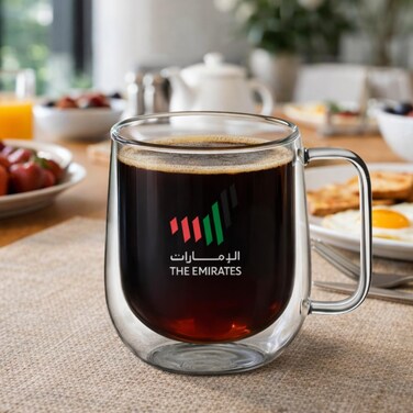 BLACKSTONE 1 Double Wall Glass Mug with UAE Logo Print, 300ml Insulated Clear Glass Coffee Cup, Heat Resistant Tea Mug with Handle Modern Gift Box Packing, DH925 (CLEAR PRINTED, 1 PIECE)