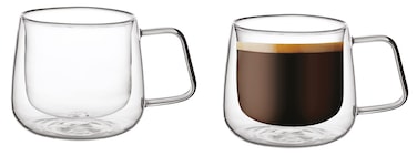BLACKSTONE Double Wall Glass Coffee Cups Set of 2 300ml Borosilicate Glass Mugs with Handle Clear Insulated Tea Latte Espresso Cappuccino Cups, DH835