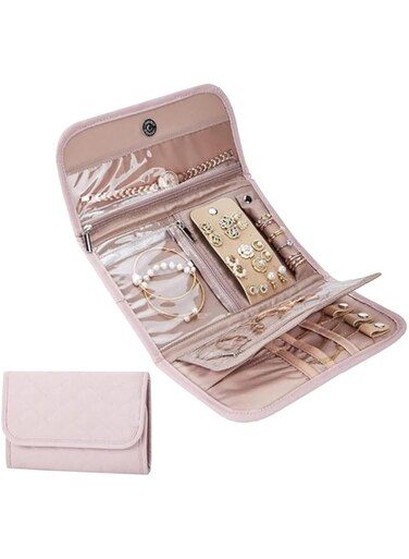 Portable Foldable Jewelry Storage Organizer for Earrings, Necklaces, Rings, Bracelets and Brooches, Ideal for Trips and Vacations (Pink)