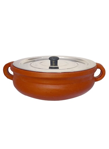 Handmade Earthen Clay Pot Kadai with Stainless Steel Lid Made by Indian Artisan