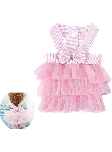 Aputue Pet Dog Dress, Fancy Adorable Striped Mesh Dress with Bowknot, Striped Mesh Puppy Dog Vest Tutu Princess Dress Skirt, Princess Petite Vest Doggie Bowknot Dresses for Small Dogs