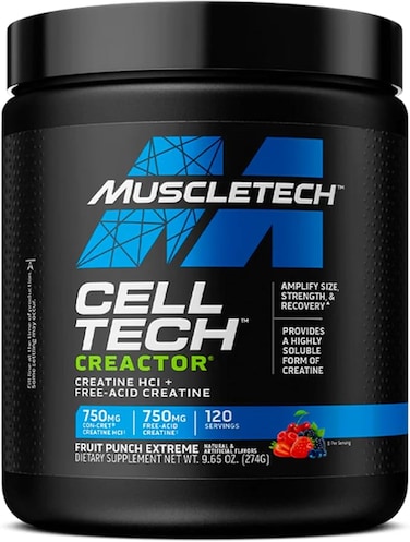 MuscleTech Cell-Tech Creactor Creatine HCl + Free-Acid Creatine Increase Muscle Building, Boost Strength, Improve Performance &amp; Fast Recovery Post-Workout Drink, Fruit Punch Extreme Flavor 120 Serving
