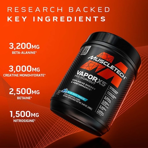 MuscleTech Vapor X5, Pre Workout Powder for Men &amp; Women, Blue Razz Freeze  (30 Servings)