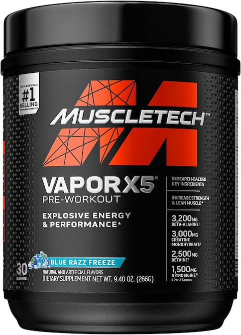 MuscleTech Vapor X5, Pre Workout Powder for Men &amp; Women, Blue Razz Freeze  (30 Servings)