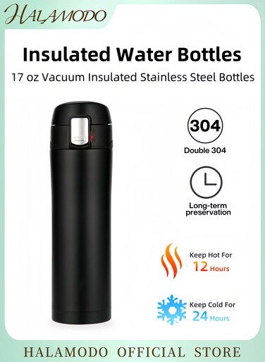 Sleek Matte Black Vacuum Insulated Stainless Steel Travel Mug One-Handed Flip Lid Leak-Proof Water Bottle for All-Day Hot &amp; Cold Beverage Use