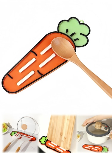 Spoon Rest for Stove Top - Heat Resistant BPA-Free Utensil Rest with Drip Pad, Practical Kitchen Gadgets, Cute Carrot Suitable for Pot Lids, Ladles, Tongs, Cutting Boards, Orange