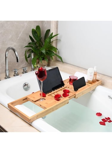 SKEIDO 70-105cm Extendable Bamboo Bath Caddy Tray Adjustable Home Spa Wooden Bathtub Tray Book Wine Tablet Holder Reading Rack