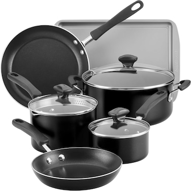 Farberware Cookstart Diamond Max Nonstick Cookware 15Pcs Set, Pots And Pans Set With Glass Lids, Induction Compatible Non-Stick Cookware Set, Fb22309 - Black
