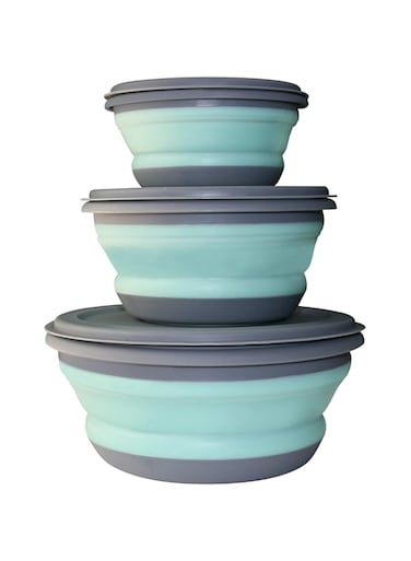 GLE2016 3 PCs Food Grade Silicone Collapsible Bowl Lunch Box - Expandable Food Storage Containers Set -Silicone Salad Bowl with Lid Portable (Blue)