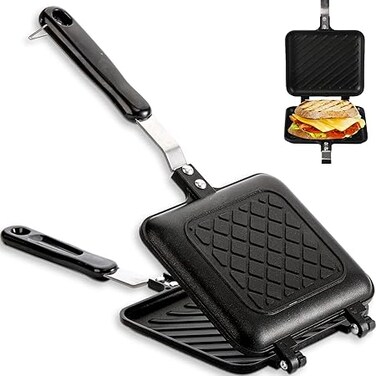 MAKINGTEC Sandwich Maker, Non-stick Grilled Sandwich and Panini Maker Pan with Handle, Stovetop Toasted Sandwich Maker Aluminum Flip Pan for Home Kitchen, black