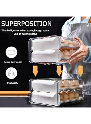 Egg Holder for Refrigerator, 32 Grid Stackable Egg Storage Box, BPA-Free Clear Plastic Egg Container, Fridge Organizer Tray for Kitchen, Farm, Pantry, Countertop
