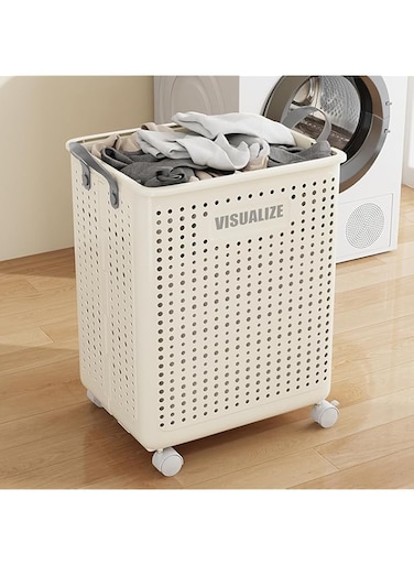 ORCHID M&reg; Collapsible Laundry Basket with Wheels and Handle, Plastic Foldable Laundry Hamper, Versatile Portable Storage Basket, Durable and Practical for Laundry and Bathroom (White, Large)