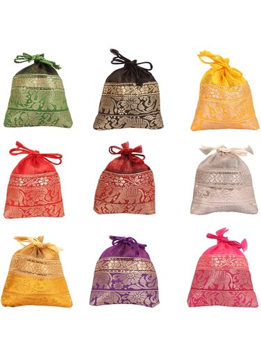 Touchstone Drawstring Bags Traditional Indian Handcrafted in Elephant Pattern Brocade fabric. Perfect for Gifts Jewelry Weddings Sweet Distribution Set of 9 Vibrant Multicolor Pouches Purses Potli.