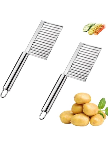 ELECDON 2 Pieces Crinkle Cutting Tool, Potato Wavy Cutter, Wavy Potato Slicer, Multifunctional Stainless Steel Potato Crinkle Cutter for Fruit, Vegetable, Potatoes, French Fries (Silver)
