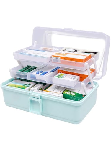 BAOYOUNI 3-Tier Plastic Medicine Storage Box Multi-Functional Family Emergency Organizer Kit with Handle transparent cover for Medical Cosmetic (34 x 20 x 17cm, Light Blue)