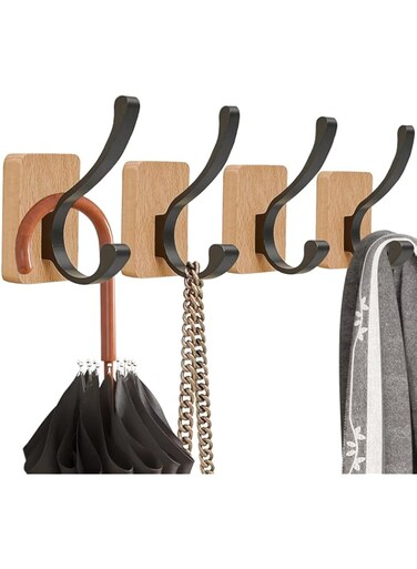 MAKINGTEC 4PCS Beech Wood Wall Hooks, Rustproof Coat Rack Wall Mounted Wall Mounted Adhesive Hooks Wood Coat Hooks Wooden Towel Hooks for Hanging Coats, Hats, Bags, Keys with Two Installation Ways