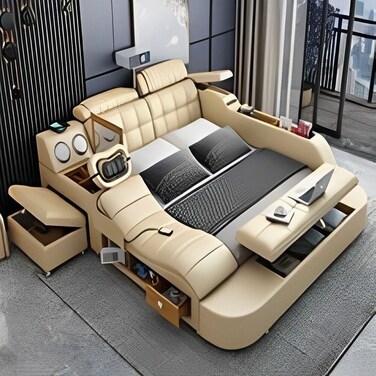 Smart Bed with Projector, Wireless Charging, Bluetooth Speaker, Stool, Small Dressing Table, Safe Box, Side Cabinet and Massage for Back and Neck  King Size Smart Bed Frame - Off White