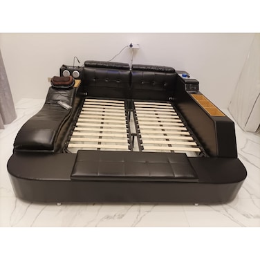 Smart Bed with Projector, Wireless Charging, Bluetooth Speaker, Stool, Small Dressing Table, Safe Box, Side Cabinet and Massage for Back and Neck  King Size Smart Bed Frame - Black