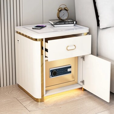 Smart Bedside Table Nightstand with Wireless Charger Bluetooth Speakers Built-in Digital Safe Sensor LED Light USB Ports Storage Drawer and Cabinet Modern Night Stand Bed Side Table for Bedroom White