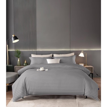AWD 6-Piece Striped Hotel Duvet Set, Soft Cotton Microfiber Bed Linen, Bedding Set with Quilt, Fitted Sheet, 4 Pillowcases, Super King Size - Gray