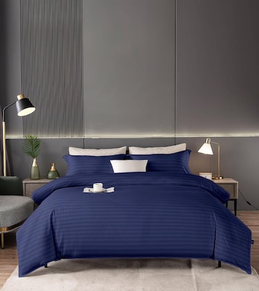 AWD 6-Piece Striped Hotel Duvet Set, Soft Cotton Microfiber Bed Linen, Bedding Set with Quilt, Fitted Sheet, 4 Pillowcases, Super King Size - Navy blue