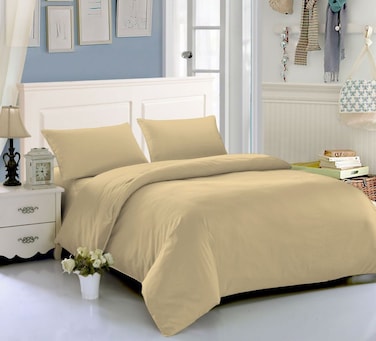 AWD Hotel Style Super King Size Bedding Set with Duvet Quilt, Fitted Sheet, 4 Pillowcases, Soft Synthetic Cotton Microfiber Bed Linen Set 6 Pcs, Modern Design, Easy Care - Beige