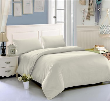 AWD Hotel Style Super King Size Bedding Set with Duvet Quilt, Fitted Sheet, 4 Pillowcases, Soft Synthetic Cotton Microfiber Bed Linen Set 6 Pcs, Modern Design, Easy Care - Off-white
