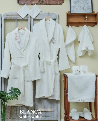 Cotton Couple Bathrobe, 3-piece cotton family bathrobe set - White &amp; White