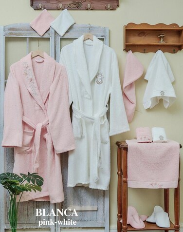 Cotton Couple Bathrobe, 3-piece cotton family bathrobe set - Pink &amp; White