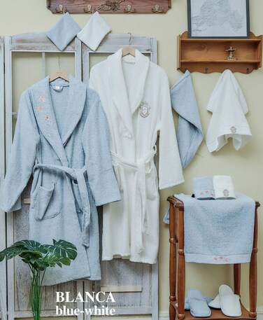 Cotton Couple Bathrobe, 3-piece cotton family bathrobe set - Blue &amp; White