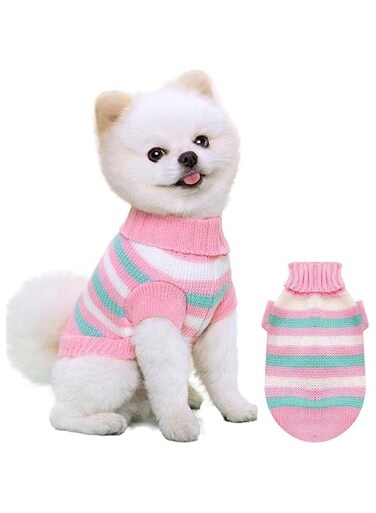 Azonee Dog Knitted Sweaters, Small Dog Jumper, Striped Dog Sweater, Warm Knitted Sweater Coat, Soft Puppy Jumper, Dog Winter Clothes, Cute Warm Dog Pullover for Small Dog and Cat (Small, Pink)