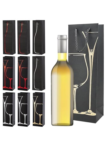 BIGTHREE Wine Gift Bags, 10 Pcs Premium Single Bottle Bags, Kraft Paper Wine Tote Bag with Strong Rope Handles, Colourful Wine Tote Bags for Birthday, Anniversary, Wedding, Dinner Party