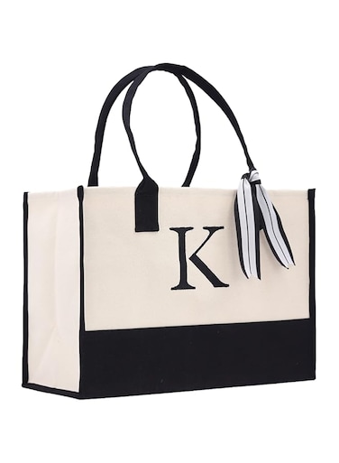 Personalized Gift Monogram Initial 100% Cotton Chic Tote Bag with Customize Option - Black
