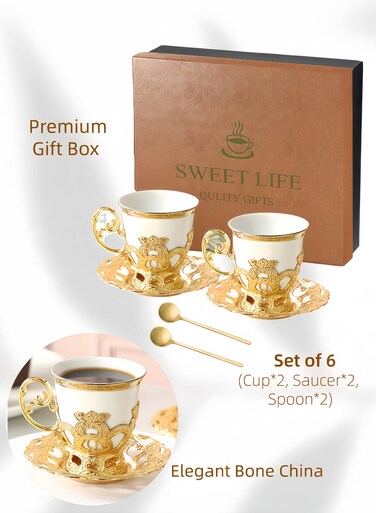 Coffee Cups Set with Saucers &amp; Spoons, Elegant Espresso Cups Tea Cup Set for Home and Office, Premium Gift Boxed Set