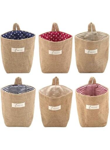 SYOSI 6 Pcs Mini Hanging Storage Bag, Cotton Linen Wall-Hanging Storage Basket Desktop Storage Collapsible Decor Bin Bag for Wall Door Closet, Toy, Makeup, Key, Small Stuff (Stripe, Dot)