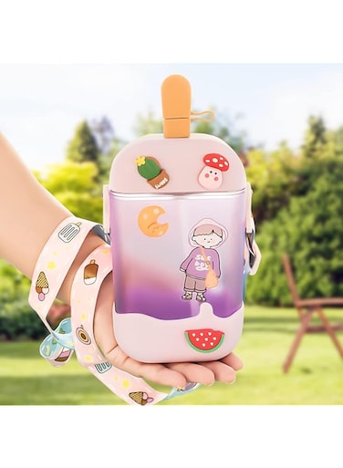 ELECDON Ice Cream Popsicle Cups, Juice Drinking Cups Lovely 3D Sticker Ice Cream Bar Water Bottles with BPA-Free Straws Adjustable Shoulder Strap for Boys Girls Adult Sports Bottles