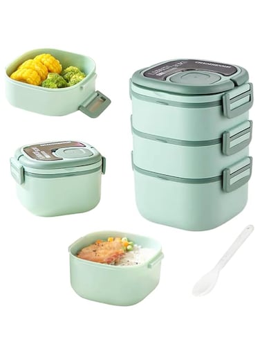 KASTWAVE Large 82-oz Bento Box, All-in-One Salad Container with 3-Layer Tray, Leakproof Food Storage, Reusable Spoon, Microwave Safe for On-the-Go Meals (2400ml)