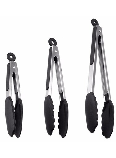 3 Pack Kitchen Tongs with Silicone Tips, Premium Silicone BPA Free Non-Stick Stainless Steel BBQ Cooking Grilling Locking Food Tongs, 7-Inch 9-Inch &amp; 12-Inch Black