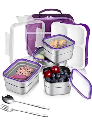 Stainless Steel Lunch Box for Kids Adults,Insulated Bento Lunch Box with Tableware &amp; Bag,1060ML 4 Compartment Divided Lunch Containers with Lids,Leakproof   BPA Free   Dishwasher Safe （Purple）