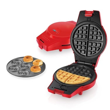 Tradeo 2 in 1 Multi Snacks Maker 1000W Donut &amp; Waffle Maker with Non-Stick Plates Red
