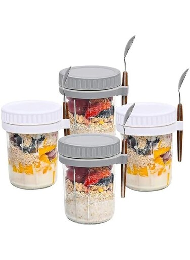 Mason Jars for Overnight Oats: 4 Pack Overnight Oats Containers with Lids and Spoons - 16 oz Glass Food Storage Containers for Milk, Cereal, Fruit - Oatmeal Jars/Canning Jars
