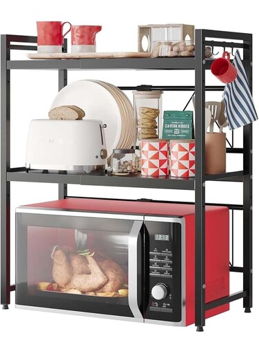 Microwave Stand Microwave Rack with 6 Hook 2-Tier Expandable Microwave Stand Shelf Heavy Duty Kitchen Counter Shelf Rack for Kitchen Countertop Organ (2-Tier)