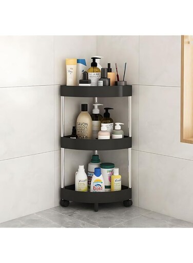 Bolivia's Shower Caddy Corner Shelves, 3-Tier Black Bathroom Shelving Unit Cart with Wheel, Rust Proof Corner Open Storage Cart, Plastic Shower Caddy Organizer Shelf for Bathroom, Kitchen