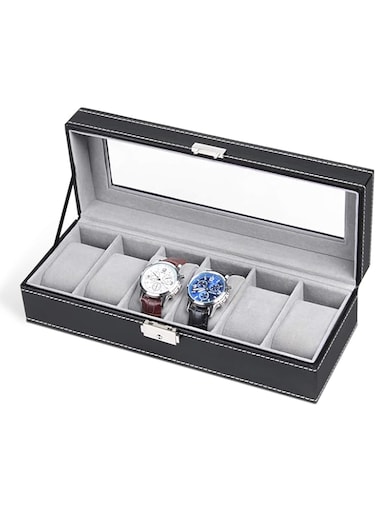 NEX Wlife 6 Slot Leather Watch Box Display Case Organizer Glass Jewelry Storage Black