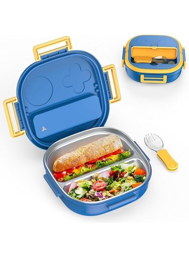 YHRY Stainless Steel Kid Bento Box, Leak-Proof, 2-Compartment, Lunch Box with Portable Cutlery-Ideal Portion Sizes for Ages 3 to 10, Dishwasher Safe, Food-Safe Materials, BPA-Free(Blue)